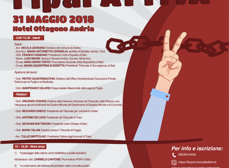 Permalink to Tutto pronto per Riparattiva: ad Andria convegno e protocollo d’intesa sulla “messa alla prova” Tutto pronto per Riparattiva: ad Andria convegno e protocollo d’intesa sulla “messa alla prova”