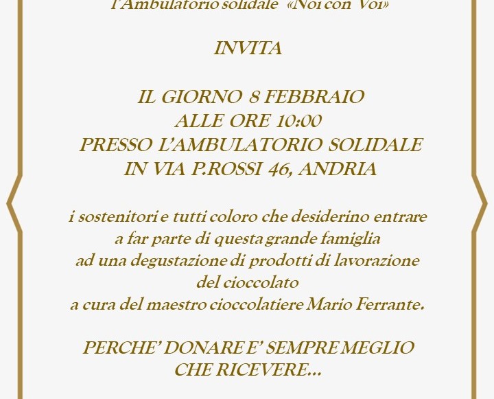 Permalink to La Misericordia di Andria organizza “Cioccolatiamoci” per raccogliere fondi in favore dell’Ambulatorio Solidale La Misericordia di Andria organizza “Cioccolatiamoci” per raccogliere fondi in favore dell’Ambulatorio Solidale